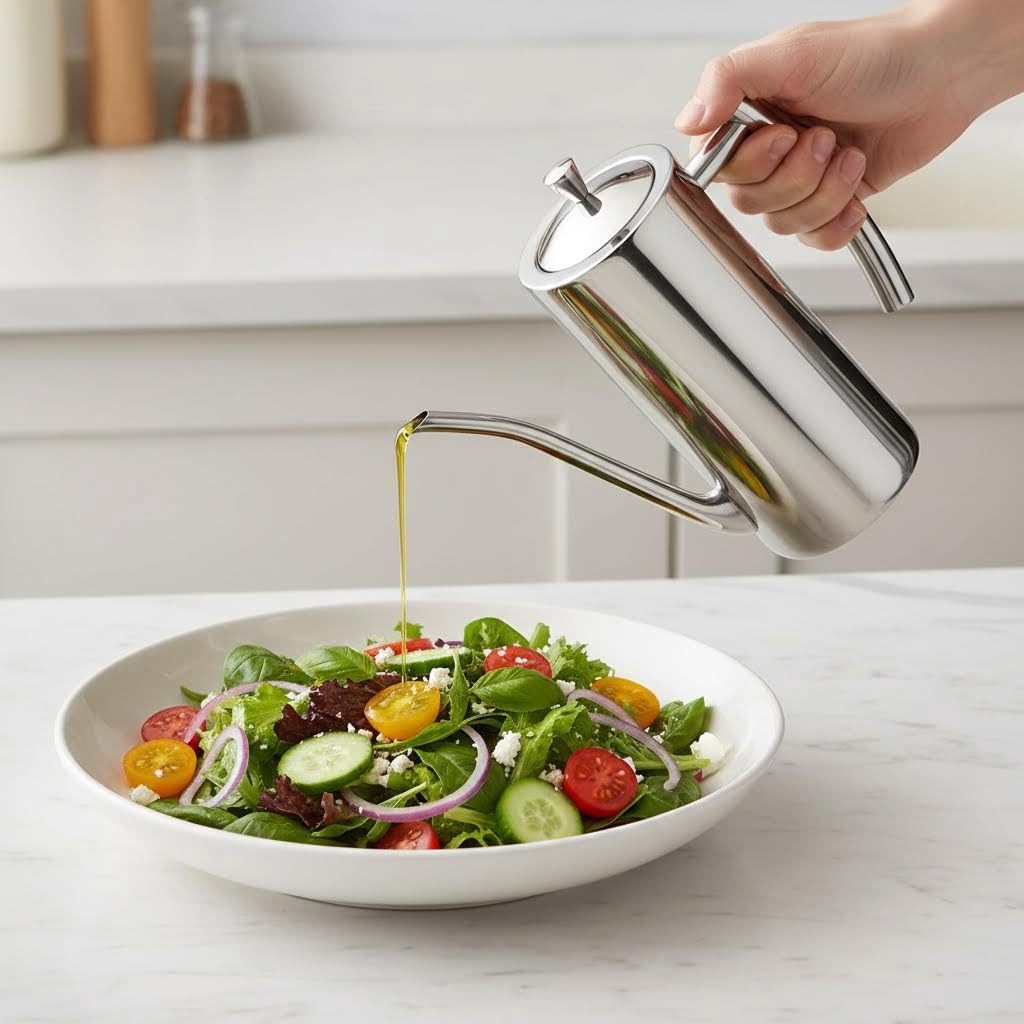 SUS304 24oz/700mL Stainless Steel Olive Oil Dispenser, Silver | Leakproof Oil Bottle, One-Piece Body, w/Long Spout Vertical Handle Kitchen Cruet for Precision Pouring