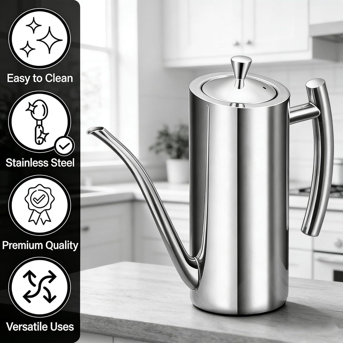 SUS304 24oz/700mL Stainless Steel Olive Oil Dispenser, Silver | Leakproof Oil Bottle, One-Piece Body, w/Long Spout Vertical Handle Kitchen Cruet for Precision Pouring