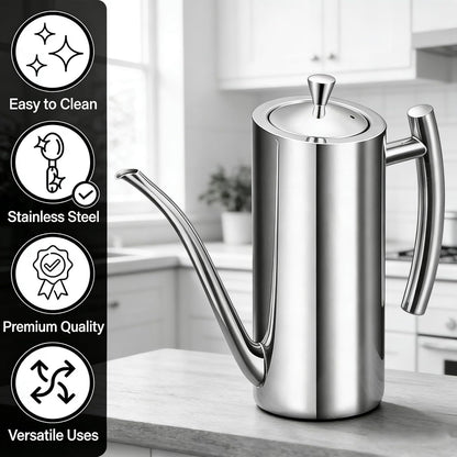 SUS304 24oz/700mL Stainless Steel Olive Oil Dispenser, Silver | Leakproof Oil Bottle, One-Piece Body, w/Long Spout Vertical Handle Kitchen Cruet for Precision Pouring