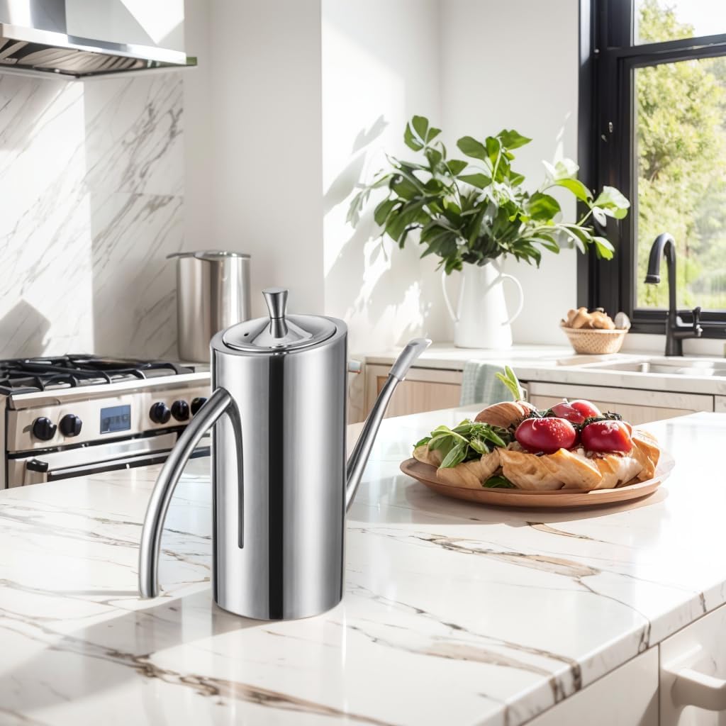 SUS304 24oz/700mL Stainless Steel Olive Oil Dispenser, Silver | Leakproof Oil Bottle, One-Piece Body, w/Long Spout Vertical Handle Kitchen Cruet for Precision Pouring
