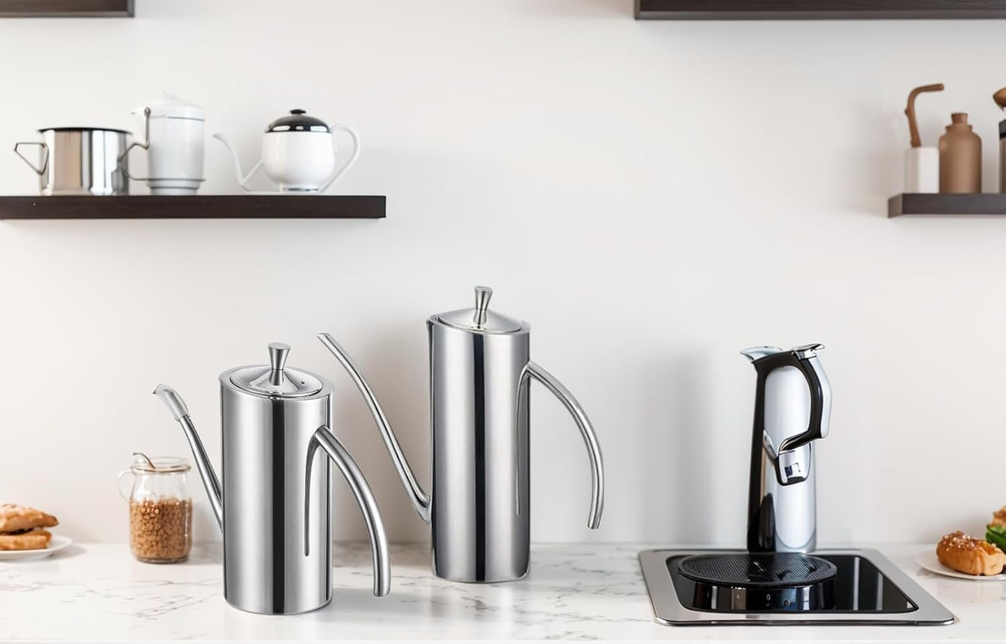 SUS304 24oz/700mL Stainless Steel Olive Oil Dispenser, Silver | Leakproof Oil Bottle, One-Piece Body, w/Long Spout Vertical Handle Kitchen Cruet for Precision Pouring