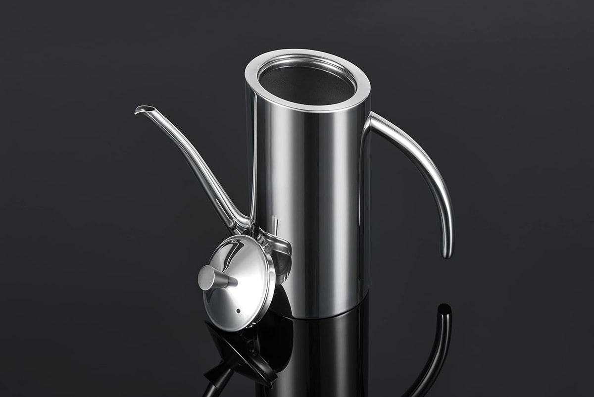 SUS304 24oz/700mL Stainless Steel Olive Oil Dispenser, Silver | Leakproof Oil Bottle, One-Piece Body, w/Long Spout Vertical Handle Kitchen Cruet for Precision Pouring