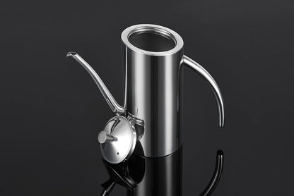 SUS304 24oz/700mL Stainless Steel Olive Oil Dispenser, Silver | Leakproof Oil Bottle, One-Piece Body, w/Long Spout Vertical Handle Kitchen Cruet for Precision Pouring