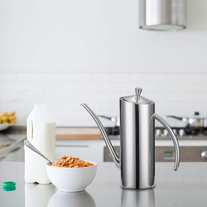 SUS304 24oz/700mL Stainless Steel Olive Oil Dispenser, Silver | Leakproof Oil Bottle, One-Piece Body, w/Long Spout Vertical Handle Kitchen Cruet for Precision Pouring
