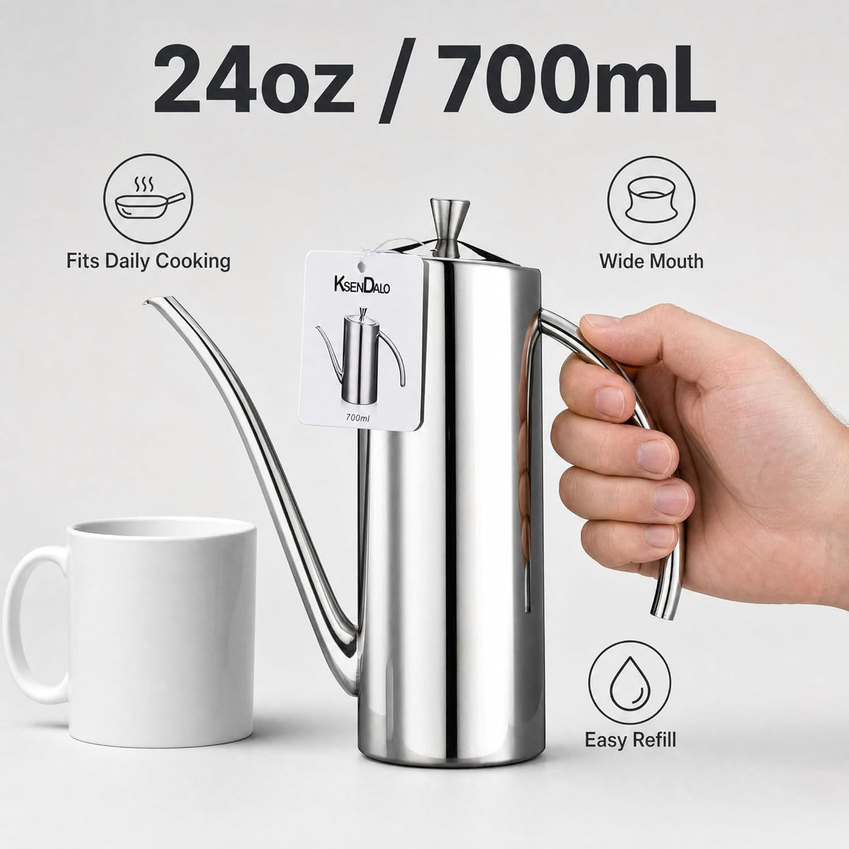 SUS304 24oz/700mL Stainless Steel Olive Oil Dispenser, Silver | Leakproof Oil Bottle, One-Piece Body, w/Long Spout Vertical Handle Kitchen Cruet for Precision Pouring