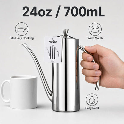 SUS304 24oz/700mL Stainless Steel Olive Oil Dispenser, Silver | Leakproof Oil Bottle, One-Piece Body, w/Long Spout Vertical Handle Kitchen Cruet for Precision Pouring