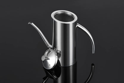 SUS304 24oz/700mL Stainless Steel Olive Oil Dispenser, Silver | Leakproof Oil Bottle, One-Piece Body, w/Long Spout Vertical Handle Kitchen Cruet for Precision Pouring