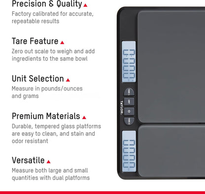 Dual Platform Food Kitchen Scale, Digital Grams and Ounces for Weight Loss, Baking, Cooking, Meal Prep, Spices, and Coffee, Backlit Display, Glass Platforms, 15lb, and 16oz Capacity, Black