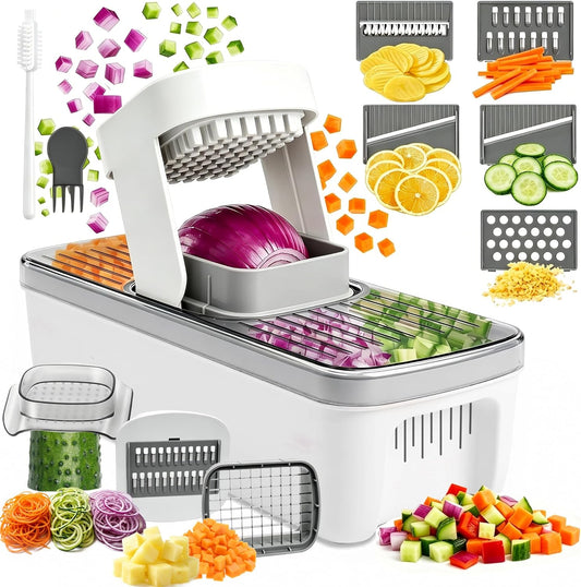 7-in-1 Vegetable Chopper – Mandoline Slicer Dicer with Container, Easy Tap Chop Food Cutter, 7 Interchangeable Blades for Onion Potato Cucumber, Kitchen Essentials Gift