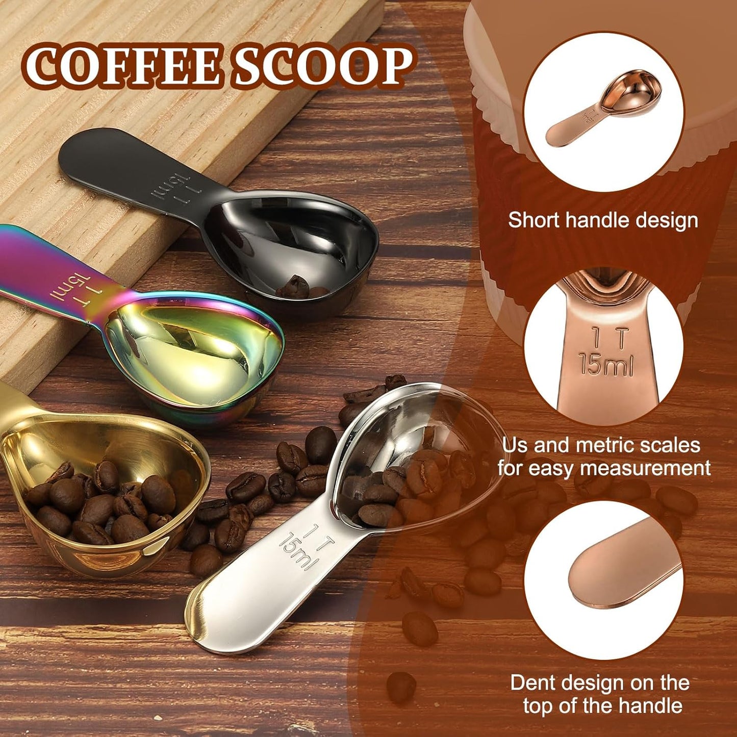 2Pcs Stainless Steel Coffee Scoop, 15ml Short Handle Measuring Spoon for Ground Coffee Tea Sugar Kitchen Gifts, Rose gold