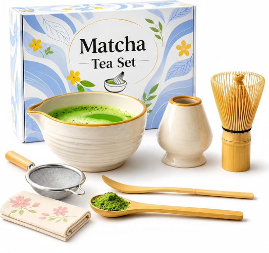 Matcha Set 7 Pcs, Japanese Matcha Kit for Beginners with Ceramic Bowl, Bamboo Whisk, Whisk Holder, Sifter, Chashaku Scoop and Tea Towel, Matcha Tea Set for Home, Latte and Gifts