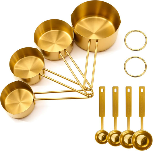 Gold 304 Stainless Steel Measuring Cup and Spoon Set, Stackable, 8-Piece, Long Handle for Narrow Bottles, Premium Gold Kitchen Utensils for Cooking and Mothers Day Gift