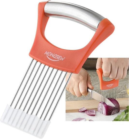 Onion Slicer Holder, Stainless Steel Onion Cutter for Slicing and Storage of Onions, Avocados, Eggs, Dishwasher Safe, Protective Cover Included (Stylish Orange)