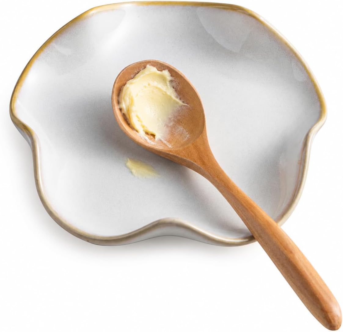 Spoon Rest for Stove Top, Spoon Holder for Stove, 5.3In Ceramic Spoon Rest for Kitchen Counter, Coffee Spoon Holder with Ruffled Edge, Farmhouse Spatula Holder for Kitchen Decor, Beige