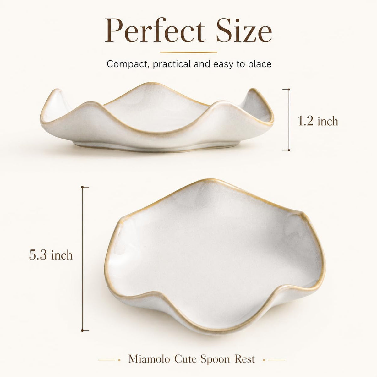 Spoon Rest for Stove Top, Spoon Holder for Stove, 5.3In Ceramic Spoon Rest for Kitchen Counter, Coffee Spoon Holder with Ruffled Edge, Farmhouse Spatula Holder for Kitchen Decor, Beige