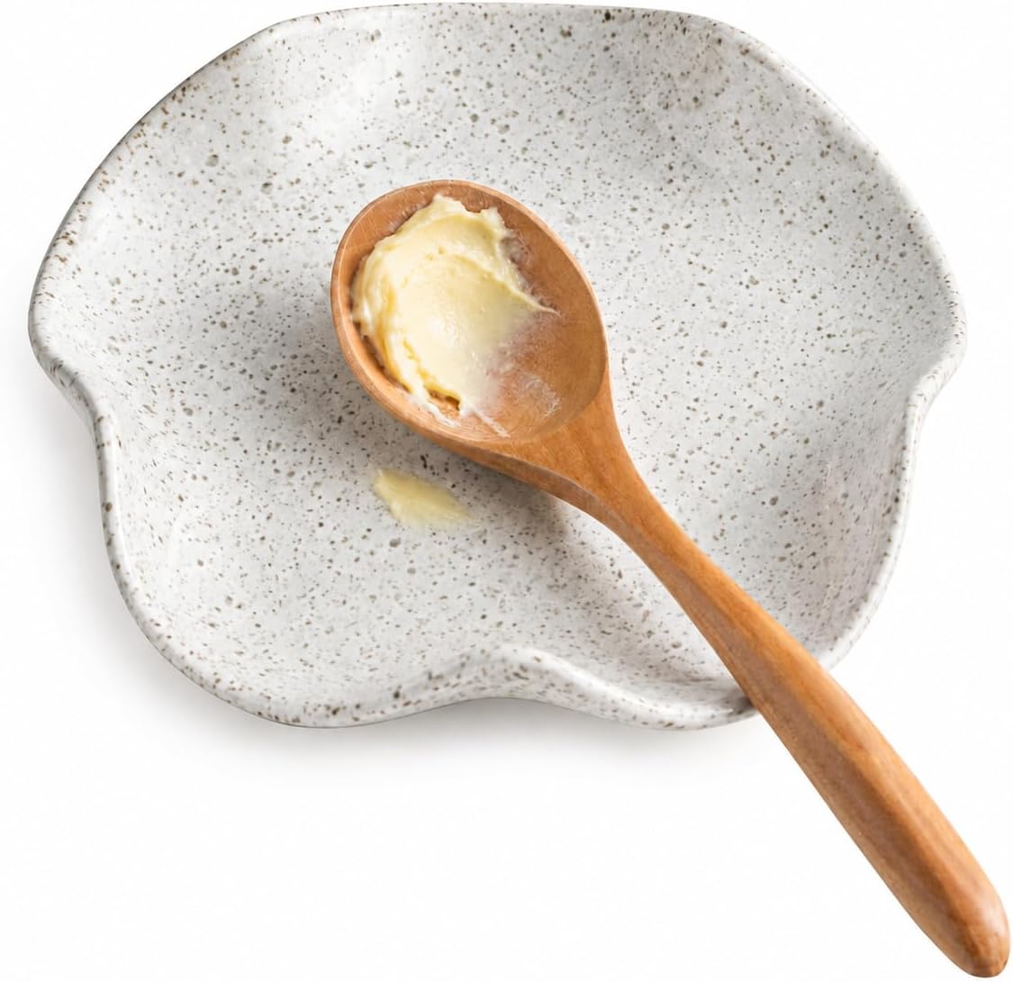Spoon Rest for Stove Top, Spoon Holder for Stove, 5.3In Ceramic Spoon Rest for Kitchen Counter, Coffee Spoon Holder with Ruffled Edge, Farmhouse Spatula Holder for Kitchen Decor, Beige