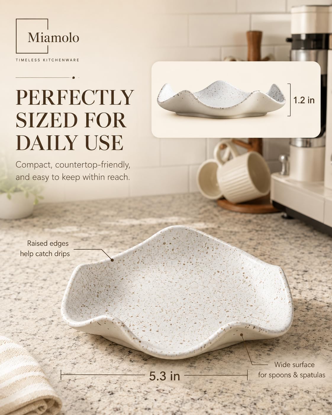 Spoon Rest for Stove Top, Spoon Holder for Stove, 5.3In Ceramic Spoon Rest for Kitchen Counter, Coffee Spoon Holder with Ruffled Edge, Farmhouse Spatula Holder for Kitchen Decor, Beige