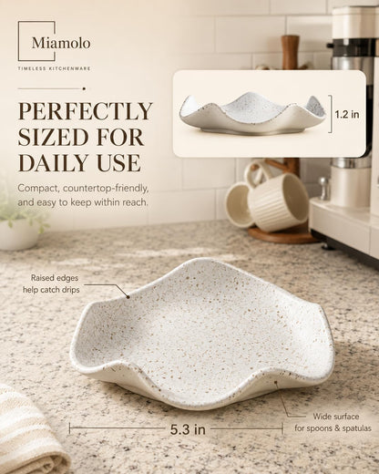 Spoon Rest for Stove Top, Spoon Holder for Stove, 5.3In Ceramic Spoon Rest for Kitchen Counter, Coffee Spoon Holder with Ruffled Edge, Farmhouse Spatula Holder for Kitchen Decor, Beige