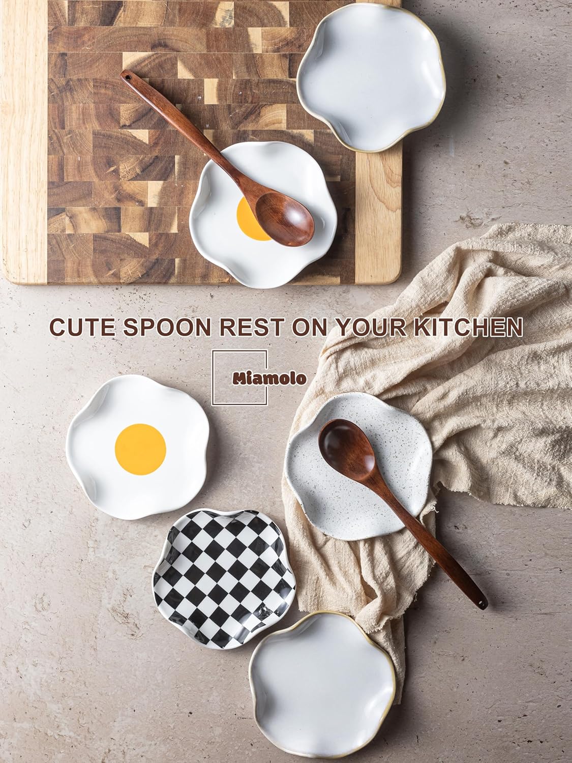 Spoon Rest for Stove Top, Spoon Holder for Stove, 5.3In Ceramic Spoon Rest for Kitchen Counter, Coffee Spoon Holder with Ruffled Edge, Farmhouse Spatula Holder for Kitchen Decor, Beige