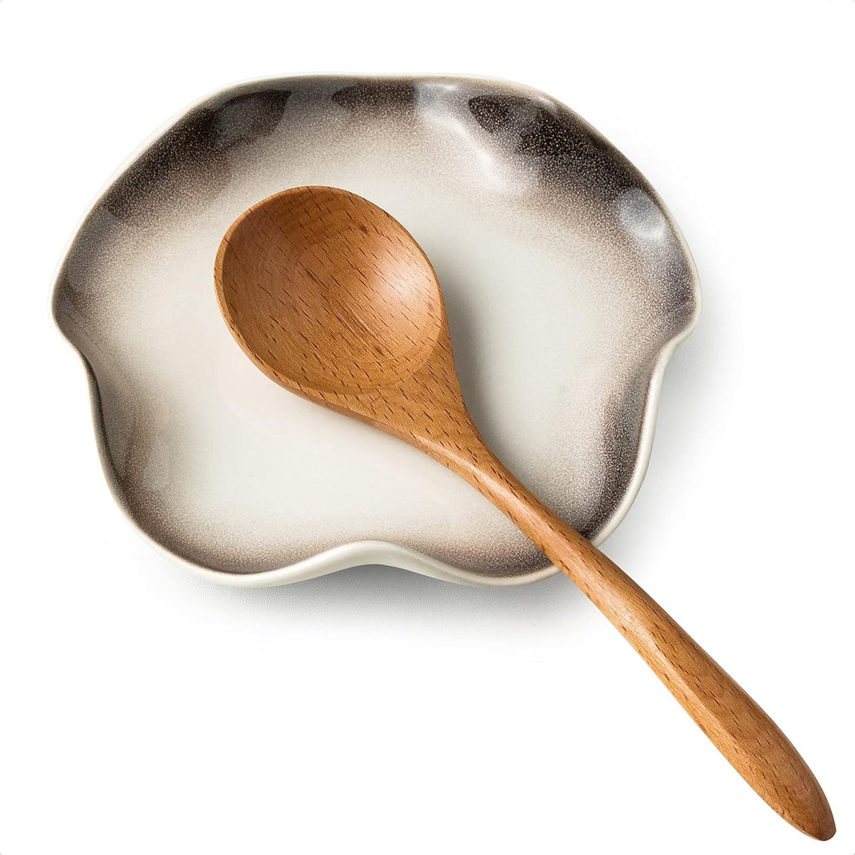 Spoon Rest for Stove Top, Spoon Holder for Stove, 5.3In Ceramic Spoon Rest for Kitchen Counter, Coffee Spoon Holder with Ruffled Edge, Farmhouse Spatula Holder for Kitchen Decor, Beige
