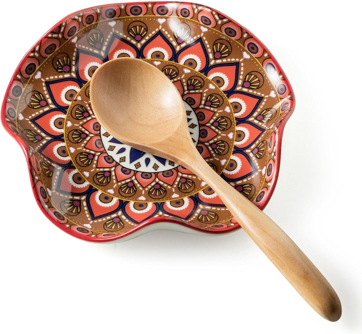 Spoon Rest for Stove Top, Spoon Holder for Stove, 5.3In Ceramic Spoon Rest for Kitchen Counter, Coffee Spoon Holder with Ruffled Edge, Farmhouse Spatula Holder for Kitchen Decor, Beige