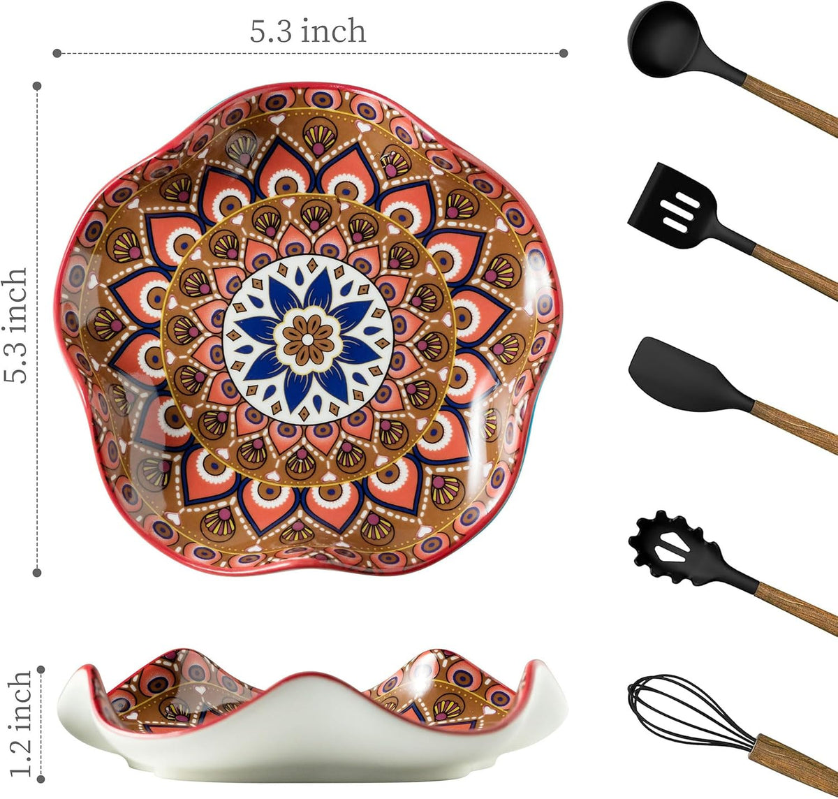 Spoon Rest for Stove Top, Spoon Holder for Stove, 5.3In Ceramic Spoon Rest for Kitchen Counter, Coffee Spoon Holder with Ruffled Edge, Farmhouse Spatula Holder for Kitchen Decor, Beige