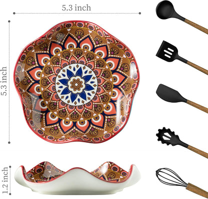 Spoon Rest for Stove Top, Spoon Holder for Stove, 5.3In Ceramic Spoon Rest for Kitchen Counter, Coffee Spoon Holder with Ruffled Edge, Farmhouse Spatula Holder for Kitchen Decor, Beige
