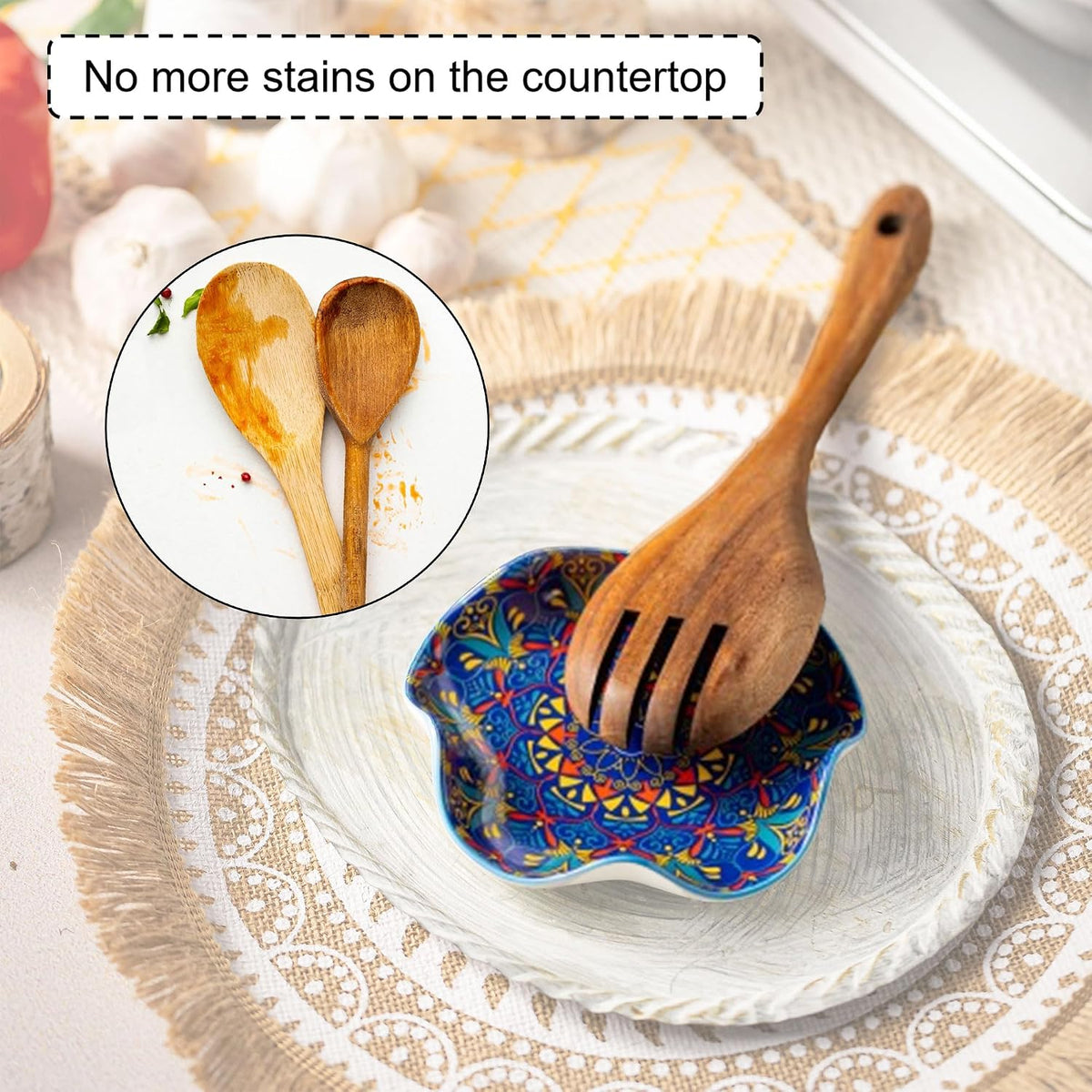 Spoon Rest for Stove Top, Spoon Holder for Stove, 5.3In Ceramic Spoon Rest for Kitchen Counter, Coffee Spoon Holder with Ruffled Edge, Farmhouse Spatula Holder for Kitchen Decor, Beige