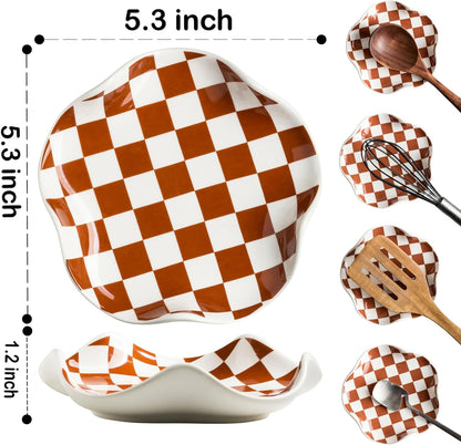 Spoon Rest for Stove Top, Spoon Holder for Stove, 5.3In Ceramic Spoon Rest for Kitchen Counter, Coffee Spoon Holder with Ruffled Edge, Farmhouse Spatula Holder for Kitchen Decor, Beige