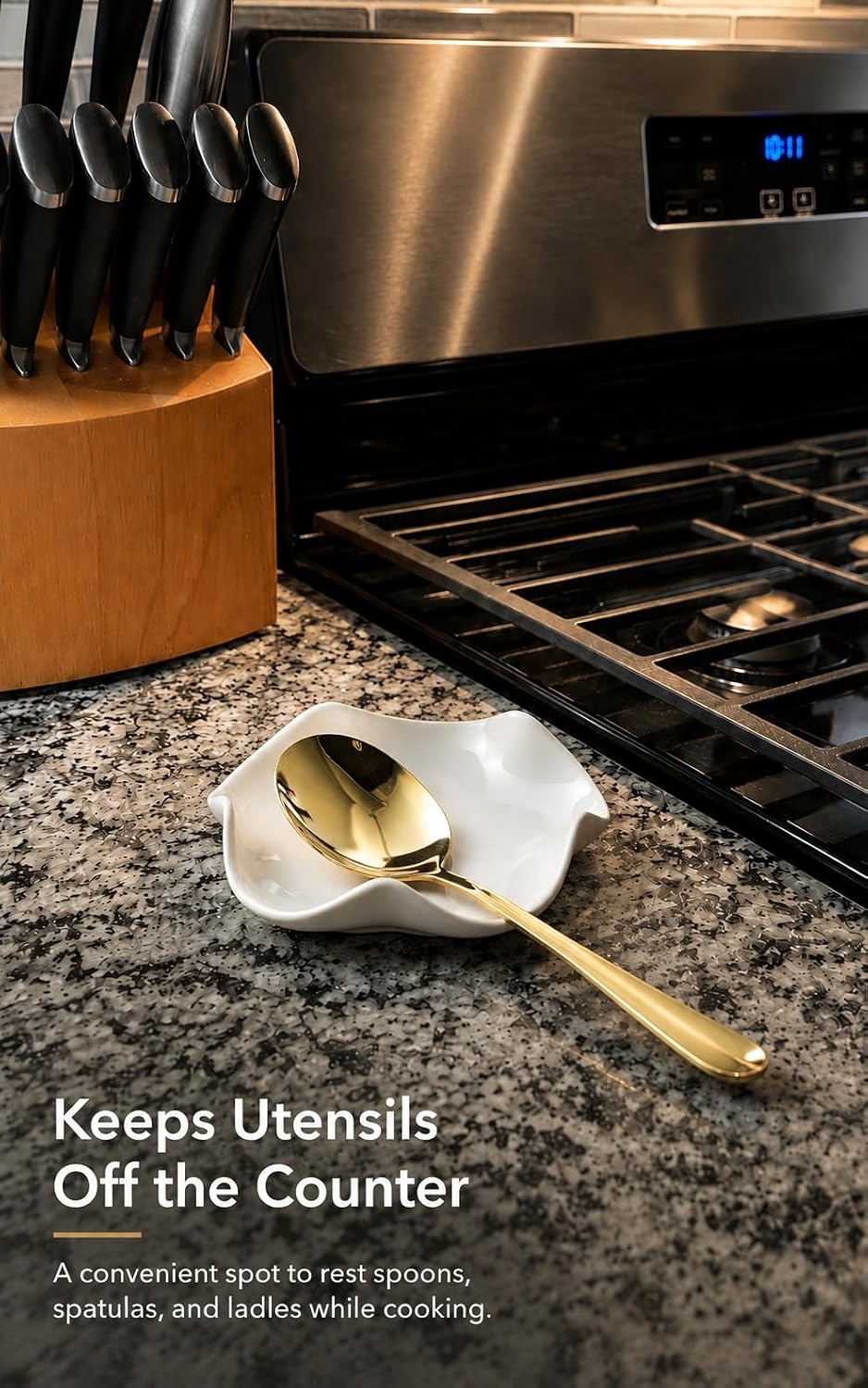 Spoon Rest for Stove Top, Spoon Holder for Stove, 5.3In Ceramic Spoon Rest for Kitchen Counter, Coffee Spoon Holder with Ruffled Edge, Farmhouse Spatula Holder for Kitchen Decor, Beige