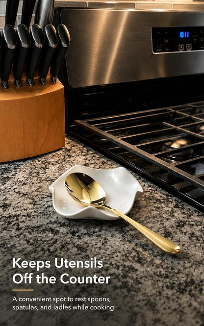 Spoon Rest for Stove Top, Spoon Holder for Stove, 5.3In Ceramic Spoon Rest for Kitchen Counter, Coffee Spoon Holder with Ruffled Edge, Farmhouse Spatula Holder for Kitchen Decor, Beige