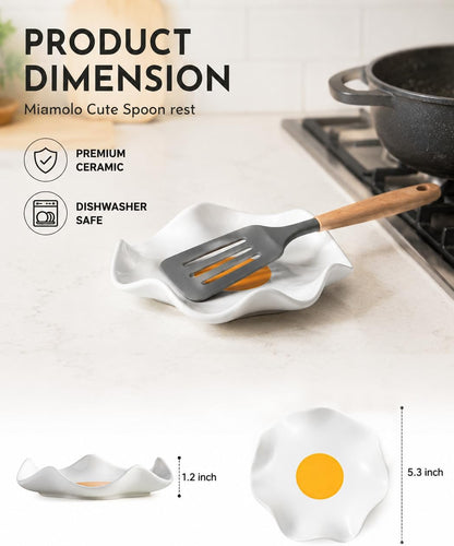 Spoon Rest for Stove Top, Spoon Holder for Stove, 5.3In Ceramic Spoon Rest for Kitchen Counter, Coffee Spoon Holder with Ruffled Edge, Farmhouse Spatula Holder for Kitchen Decor, Beige