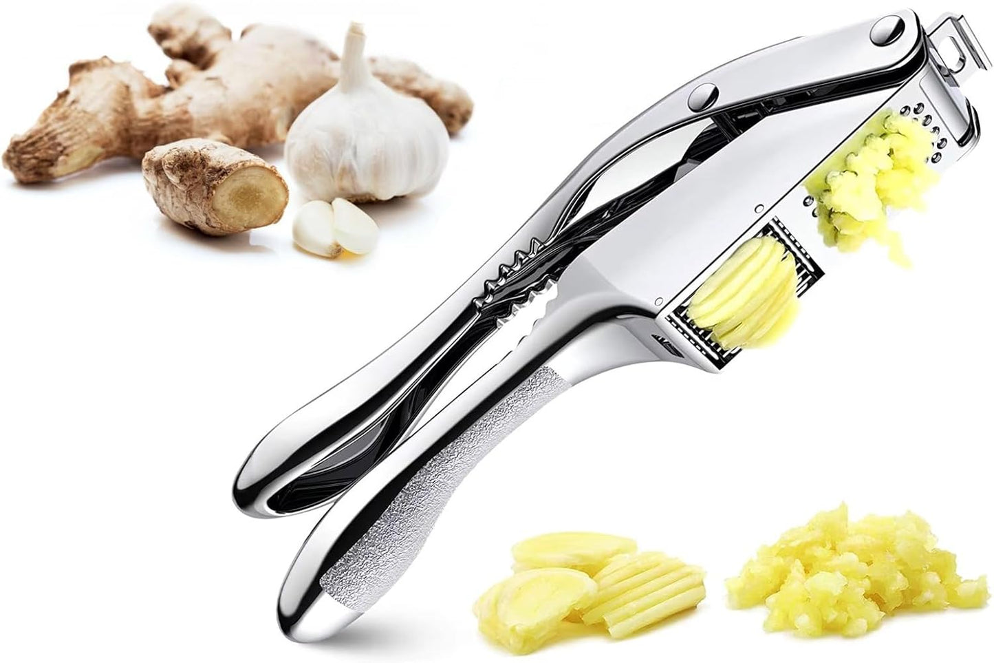 2 in 1 Garlic Press Slicer Stainless Steel Peeler Squeezer Crusher Mincer Chopper Masher Presser Rocker Nuts Ginger Crush Durable Ergonomics Kitchen Tools Accessories, (GR56)