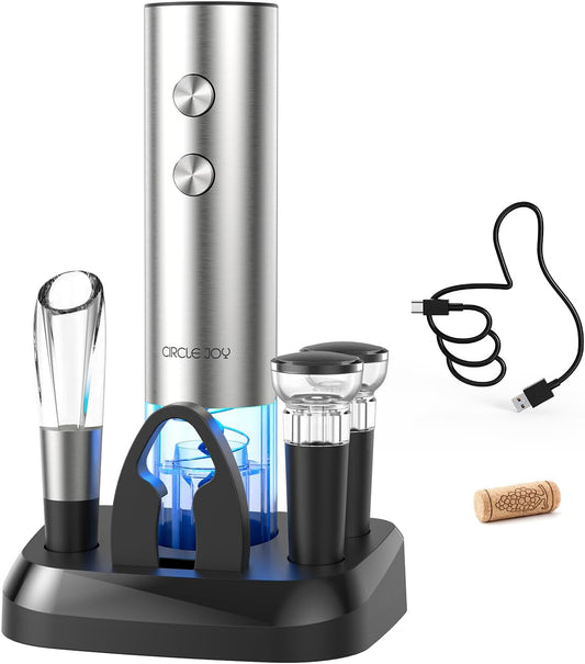 Electric Wine Opener Stainless Steel Rechargeable Automatic Wine Bottle Opener Set 7-in-1 Wine Gifts for Wine Lovers with Charging Base, Foil Cutter, Wine Aerator Pourer & 2 Vacuum Stoppers
