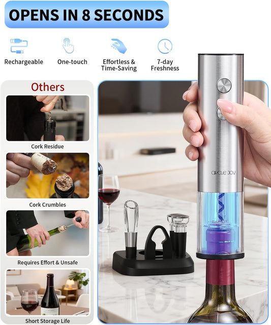 Electric Wine Opener Stainless Steel Rechargeable Automatic Wine Bottle Opener Set 7-in-1 Wine Gifts for Wine Lovers with Charging Base, Foil Cutter, Wine Aerator Pourer & 2 Vacuum Stoppers