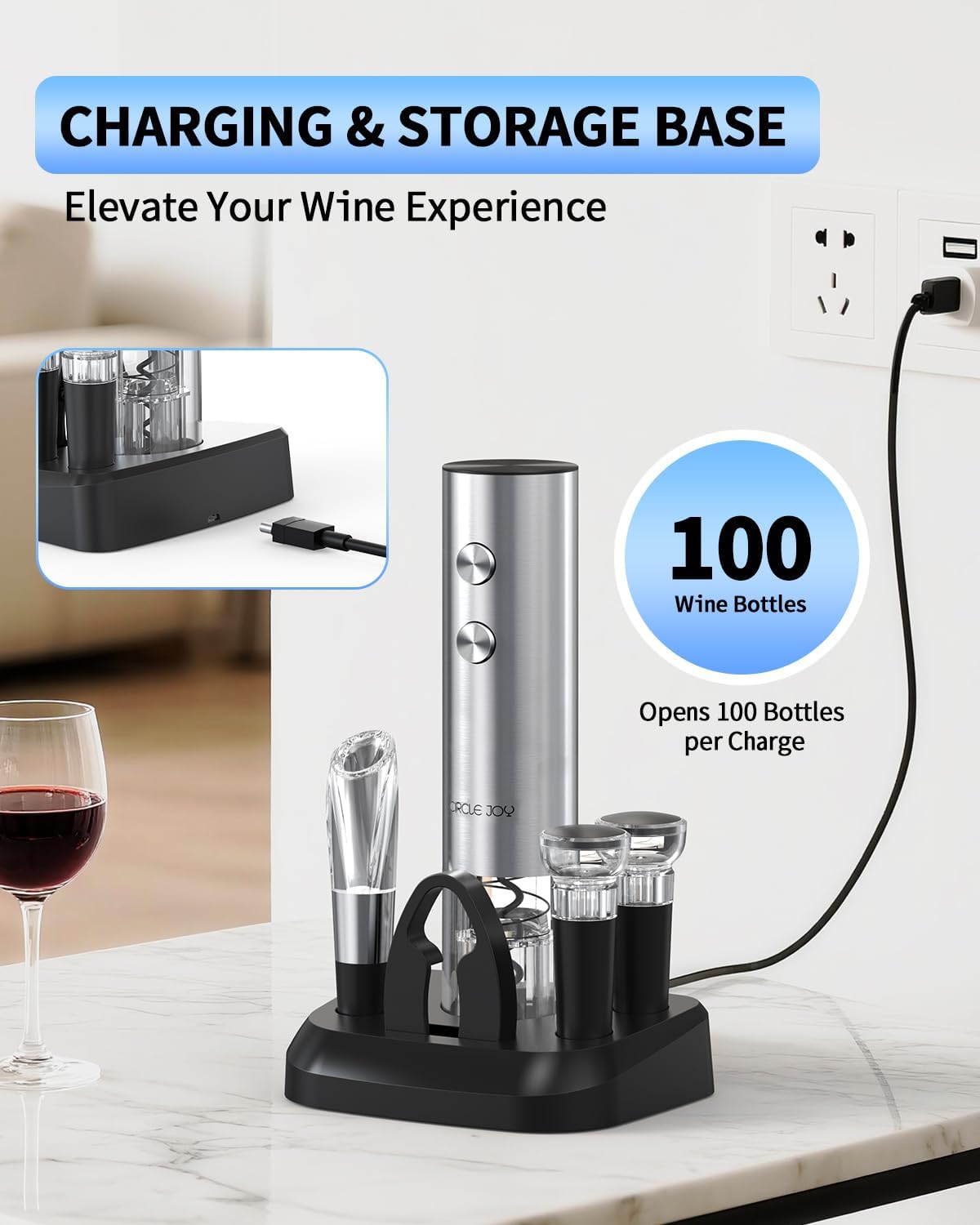 Electric Wine Opener Stainless Steel Rechargeable Automatic Wine Bottle Opener Set 7-in-1 Wine Gifts for Wine Lovers with Charging Base, Foil Cutter, Wine Aerator Pourer & 2 Vacuum Stoppers