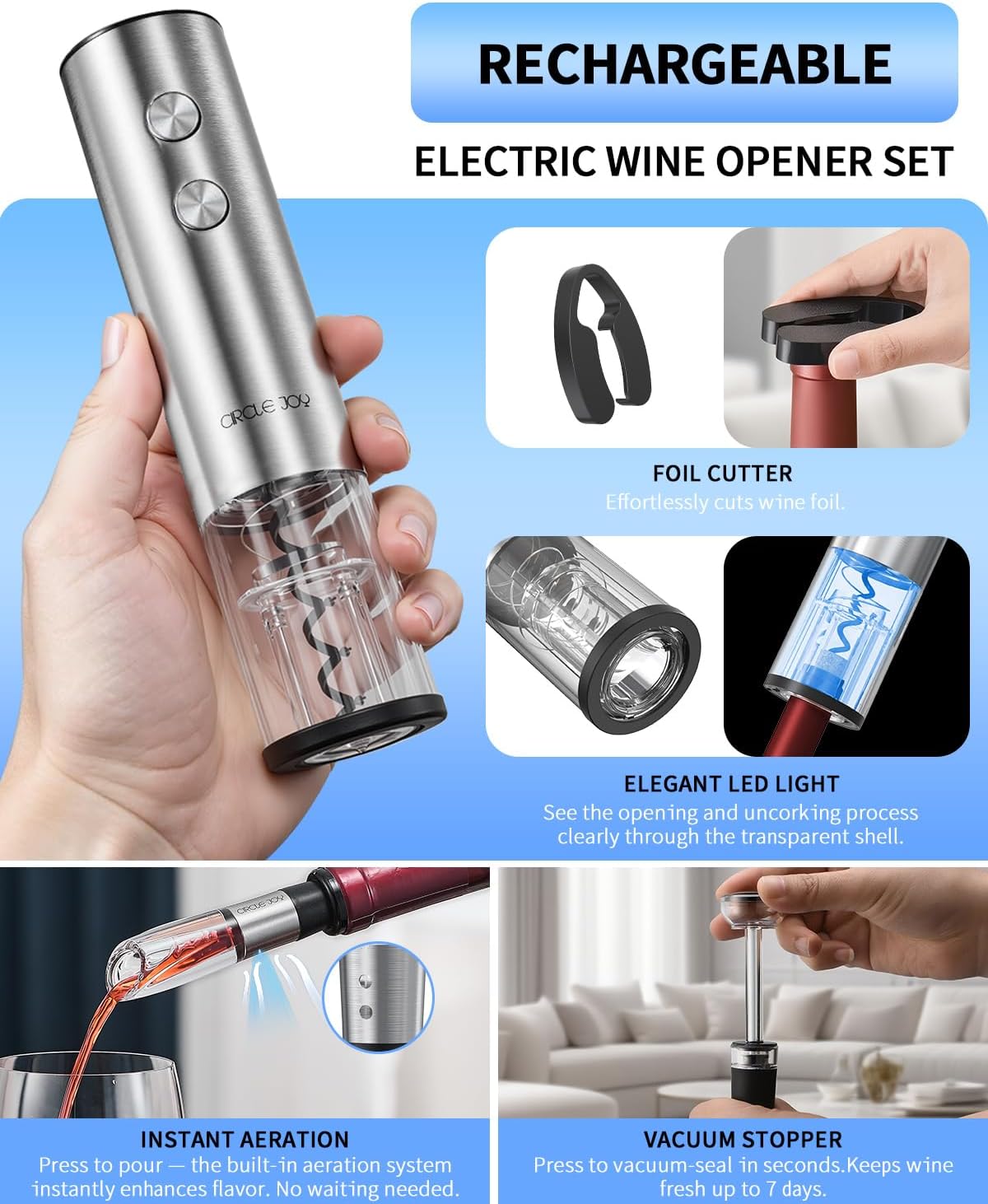 Electric Wine Opener Stainless Steel Rechargeable Automatic Wine Bottle Opener Set 7-in-1 Wine Gifts for Wine Lovers with Charging Base, Foil Cutter, Wine Aerator Pourer & 2 Vacuum Stoppers