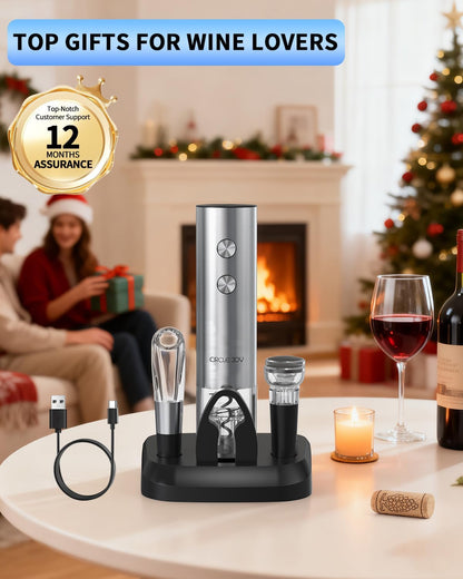 Electric Wine Opener Stainless Steel Rechargeable Automatic Wine Bottle Opener Set 7-in-1 Wine Gifts for Wine Lovers with Charging Base, Foil Cutter, Wine Aerator Pourer & 2 Vacuum Stoppers