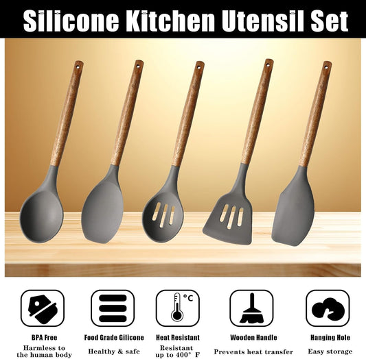 Kitchen Utensils Set, Silicone Cooking Utensils Set,Non-Stick Silicone Spatula Set with Natural Acacia Hard Wood Handle, 5 Piece, Upgraded Thickened Cookware