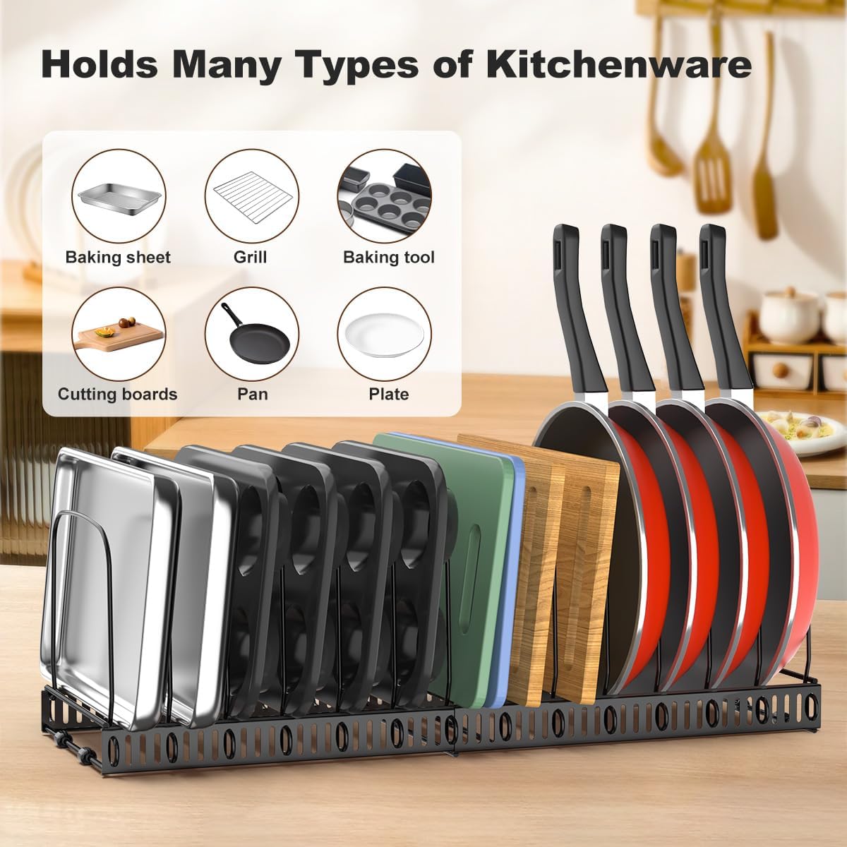 Cutting Board and Baking Tray Cookie Sheet Organizer, Black | 12"-23" Expandable, 14 Adjustable Dividers, Sturdy Metal Construction, Easy Assembly