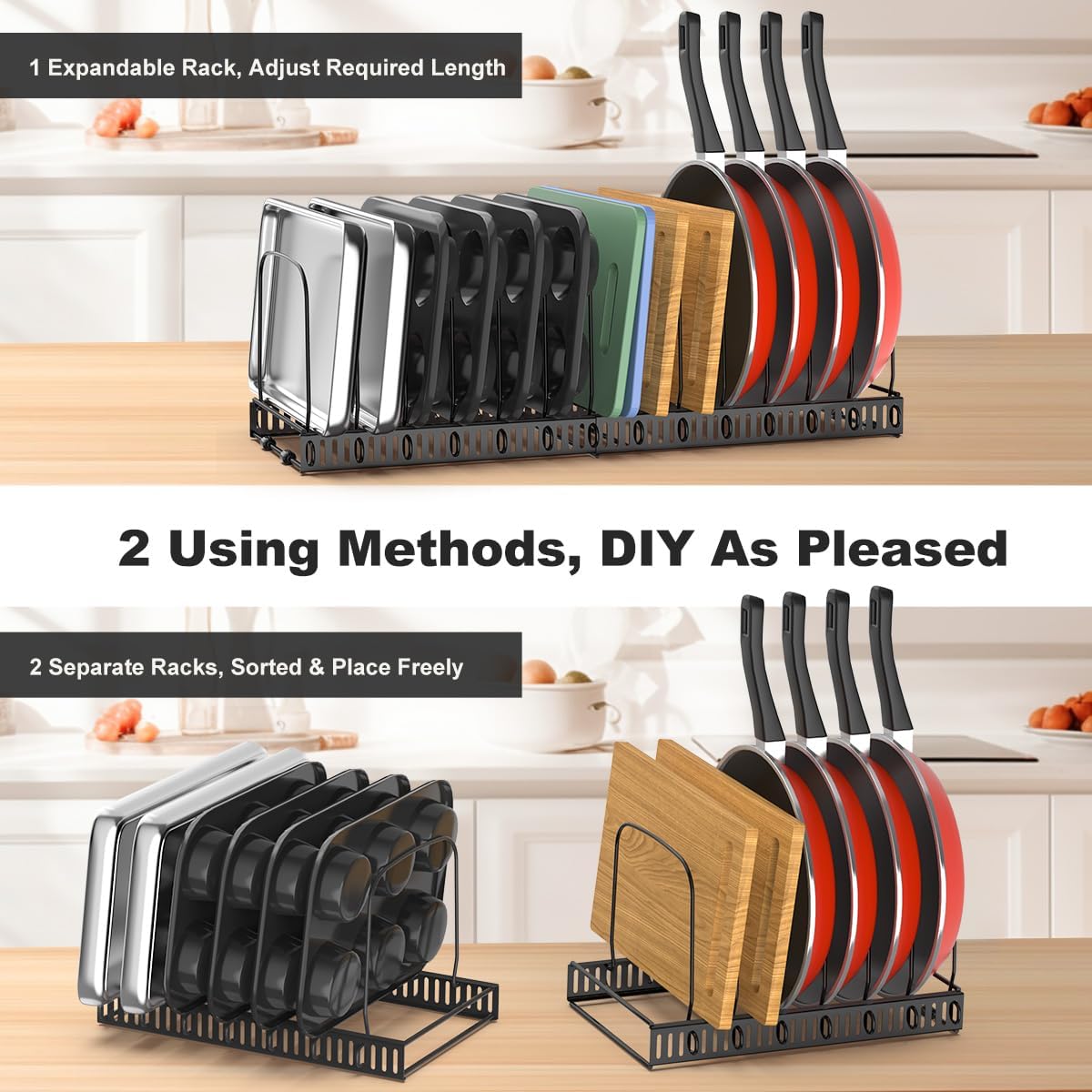 Cutting Board and Baking Tray Cookie Sheet Organizer, Black | 12"-23" Expandable, 14 Adjustable Dividers, Sturdy Metal Construction, Easy Assembly