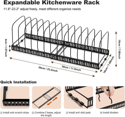 Cutting Board and Baking Tray Cookie Sheet Organizer, Black | 12"-23" Expandable, 14 Adjustable Dividers, Sturdy Metal Construction, Easy Assembly