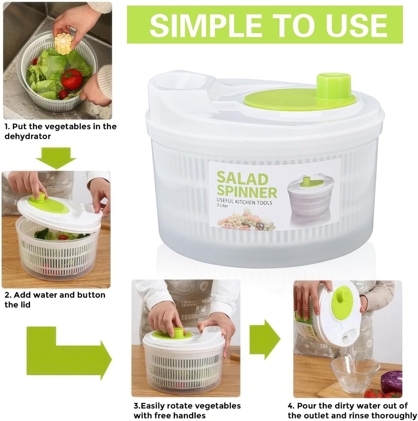3L Salad Spinner, Versatile Lettuce Dryer with Colander & Bowl, for Berries, Fruits, and Veggies, White & Green