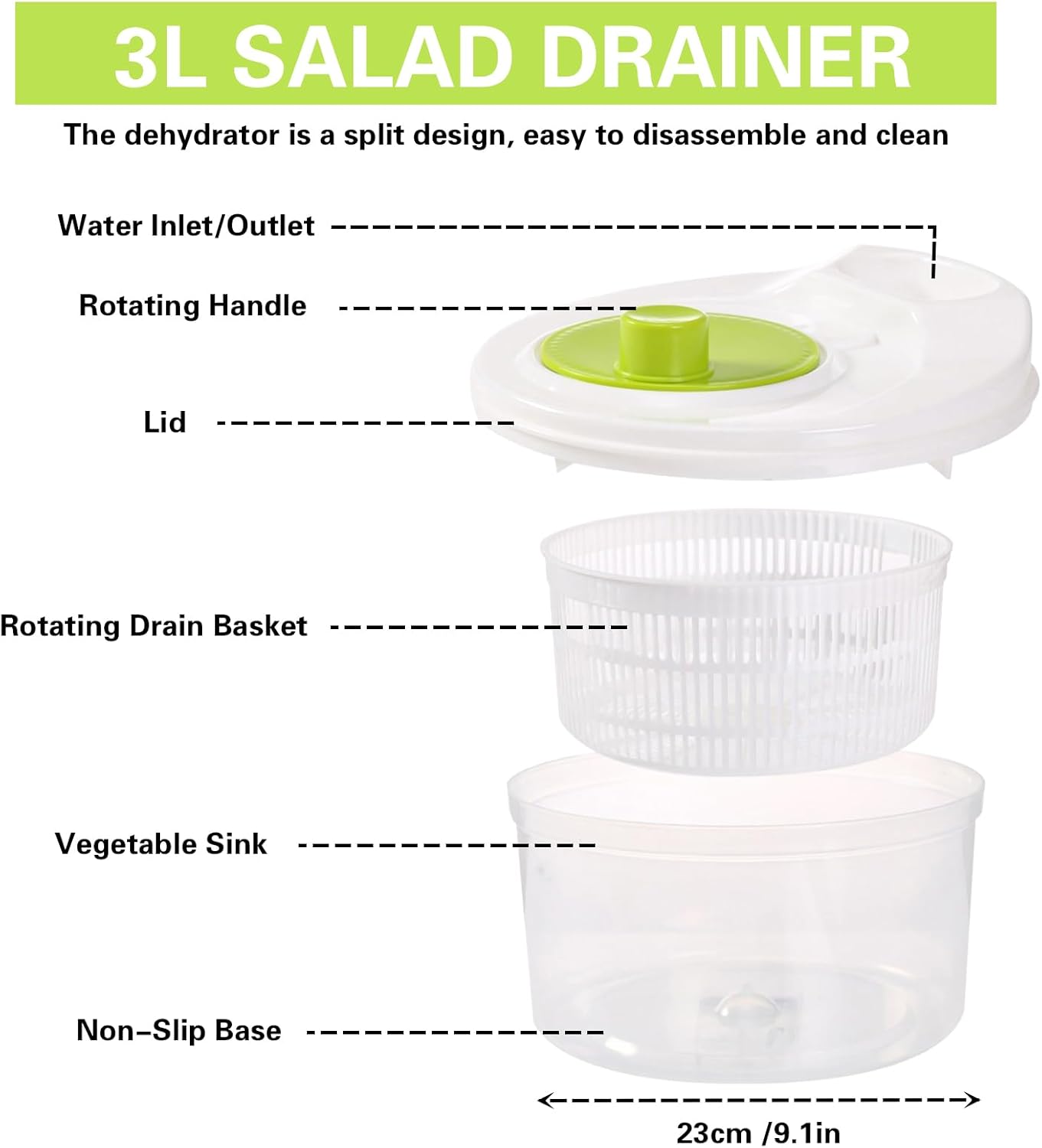 3L Salad Spinner, Versatile Lettuce Dryer with Colander & Bowl, for Berries, Fruits, and Veggies, White & Green