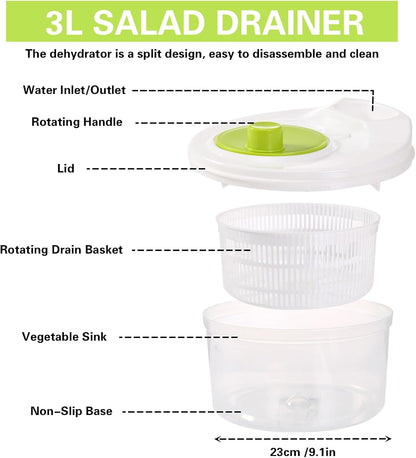 3L Salad Spinner, Versatile Lettuce Dryer with Colander & Bowl, for Berries, Fruits, and Veggies, White & Green