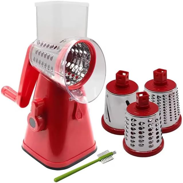 Kitchen Rotary Cheese Grater & Manual Mandoline Slicer – 3 Interchangeable Stainless Steel Drum Blades for Shredding, Slicing & Grinding Cheese, Vegetables & Nuts – Easy Clean Design with Bonus Brush