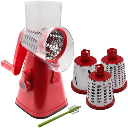 Kitchen Rotary Cheese Grater & Manual Mandoline Slicer – 3 Interchangeable Stainless Steel Drum Blades for Shredding, Slicing & Grinding Cheese, Vegetables & Nuts – Easy Clean Design with Bonus Brush