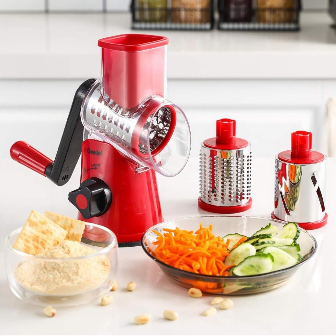 Kitchen Rotary Cheese Grater & Manual Mandoline Slicer – 3 Interchangeable Stainless Steel Drum Blades for Shredding, Slicing & Grinding Cheese, Vegetables & Nuts – Easy Clean Design with Bonus Brush