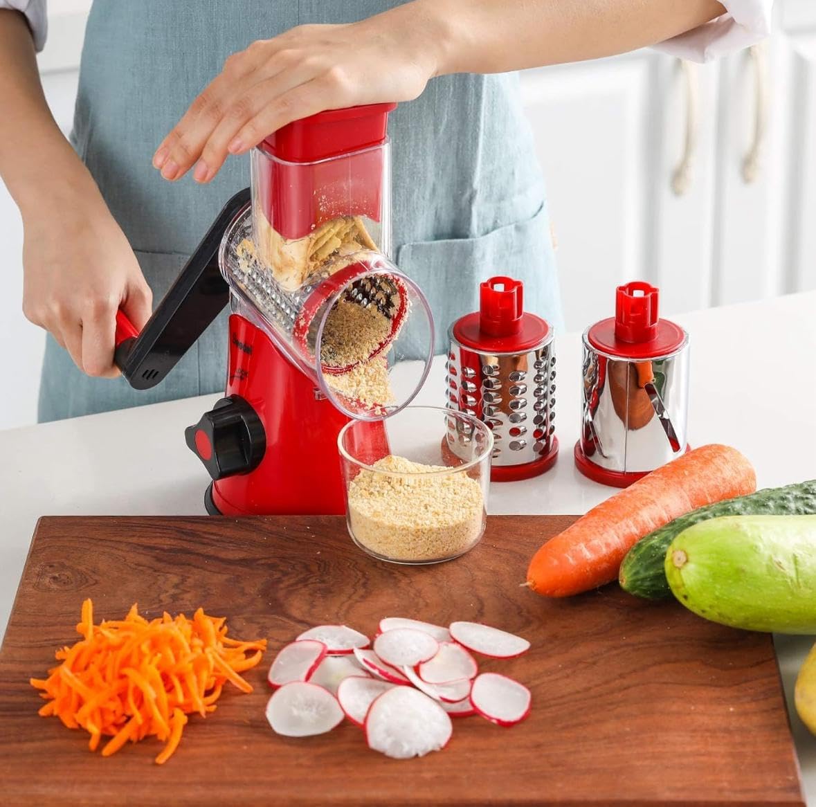 Kitchen Rotary Cheese Grater & Manual Mandoline Slicer – 3 Interchangeable Stainless Steel Drum Blades for Shredding, Slicing & Grinding Cheese, Vegetables & Nuts – Easy Clean Design with Bonus Brush