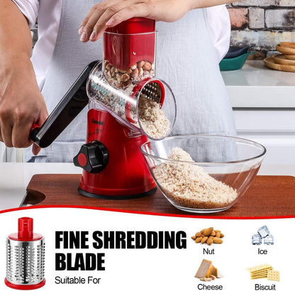 Kitchen Rotary Cheese Grater & Manual Mandoline Slicer – 3 Interchangeable Stainless Steel Drum Blades for Shredding, Slicing & Grinding Cheese, Vegetables & Nuts – Easy Clean Design with Bonus Brush